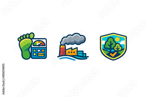 Footprint metric shows pollution sources and a nature protection badge in a visual representation of environmental themes focusing on sustainability and conservation efforts