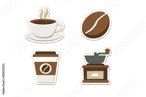 Coffee items on a table including a steaming cup, a coffee bean, a takeout cup, and a coffee grinder in a simple layout for a morning setting, likely taken in a cafe or home kitchen