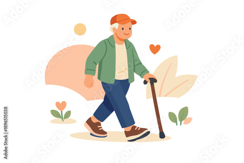 Elderly man walks with a cane through a park on a sunny day enjoying his time among plants and flowers