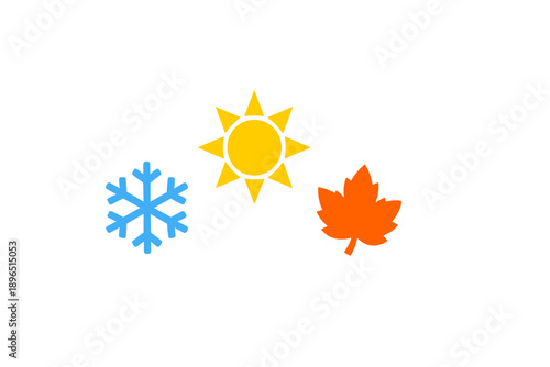 Seasonal symbols show changing weather with snowflake, sun, and leaf on a white background during a warm season