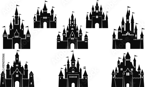 Medieval castles, fairy tale fortress, gothic towers, fantasy architecture, turrets with flags, stone walls, royal palace, enchanted kingdom, flat vector illustration