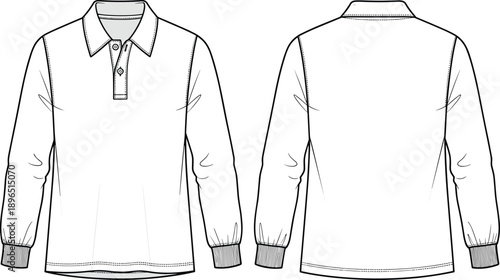 Long sleeve polo shirt fashion template, classic collar garment sketch, button placket apparel design drawing, ribbed cuff clothing construction reference, sewing pattern illustration