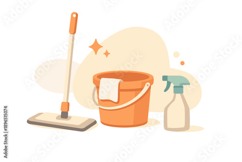 Cleaning tools are placed together on a plain background showing a mop, bucket, and spray bottle for cleaning tasks at home or in an office setting