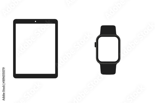 Two electronic devices are shown next to each other, one is a tablet and the other is a smartwatch, both featuring blank screens with no visible content