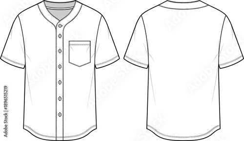 Short sleeve button‑up shirt template, V‑neck collar garment sketch, chest pocket apparel design drawing, clothing construction reference, sewing pattern illustration