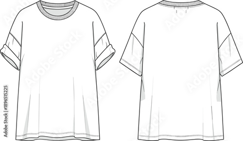 Short sleeve t‑shirt fashion template, crew neckline garment sketch, rolled sleeve apparel design drawing, curved hem clothing construction reference, sewing pattern illustration