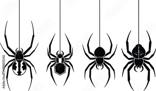 Spider silhouette collection, hanging spider design template, black insect artwork, arachnid graphic element, decorative motif inspiration, creepy Halloween illustration