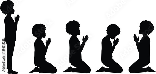 Prayer pose silhouettes, progressive kneeling positions, bowed head gestures, spiritual devotion vector art, humility, worship, faith, emotional body language