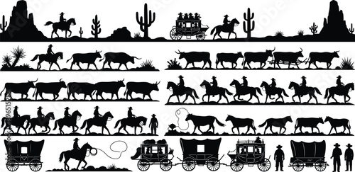 Cowboys, cattle drive, stagecoach, western frontier, desert landscape, wagon train, lasso action, campfire scene, wild west culture, flat vector illustration