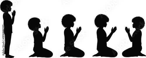 Prayer pose silhouettes, kneeling and standing positions, spiritual devotion, worship vector art, faith, body language, reflection, religious gesture