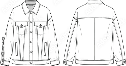 Denim jacket fashion template, technical garment sketch, front and back apparel design drawing, clothing construction reference, sewing pattern illustration