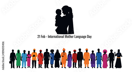 Silhouette depiction of a mother and child with a diverse group of people