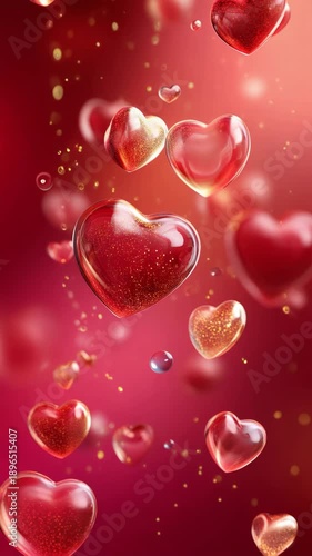 Floating hearts in red background create a festive mood for celebration and love moments captured in a colorful display