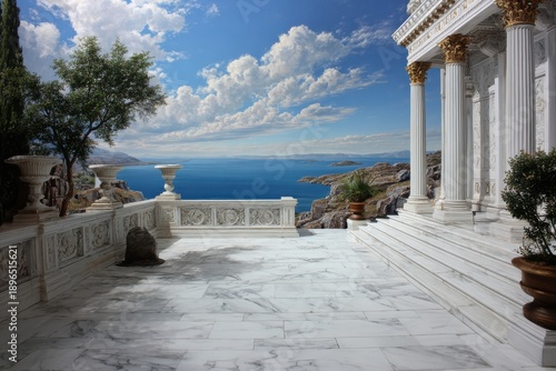 A white marble terrace in front of the sea