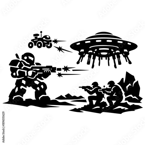 Futuristic war scene with heavily armed soldiers and robots battling an alien ufo