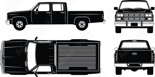Pickup truck silhouette vector set, side front rear top views, classic pickup vehicle illustration isolated on white background