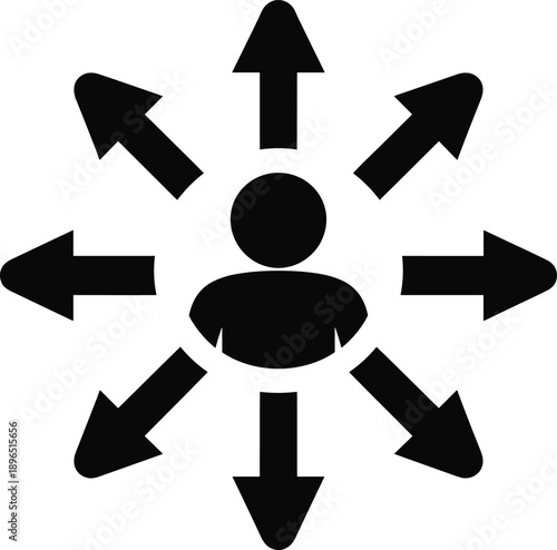 Person with arrows, decision making icon, multiple directions symbol, choice concept illustration, direction arrows around person, black silhouette design