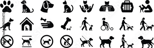 Pet and animal care icons including dogs, cats, paws, pet houses, bones, walking pets, pet carriers, and no-pet signs.