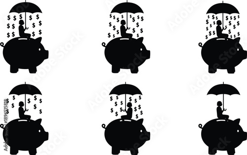 People on piggy banks with umbrellas, saving money and protecting investments, dollar signs raining down financial security concept.
