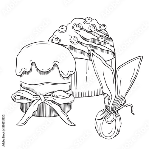 Hand-drawn illustration of Easter cakes with a bow and berries and dyed Easter egg in graphic detailed sketch style