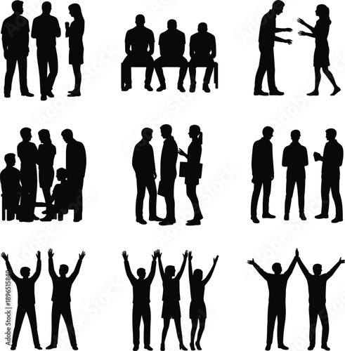 People group interaction icons – communication, teamwork, discussion, family, support, friendship, arguments, and social bonding silhouette concepts.