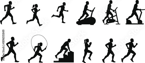 People exercising silhouettes, running, jumping rope, stair climbing, treadmill workout, cardio fitness, active lifestyle, workout routine, fitness training, gym exercises