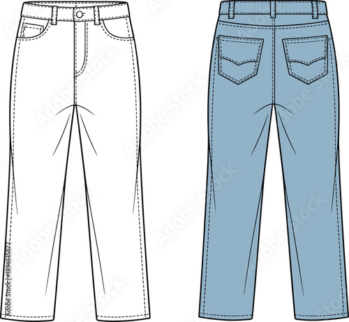 pants, jeans, denim, trousers, fashion, clothing, apparel, garment, pocket, yoke, stitch, seam, casual, stylish, front, back, vector, design, sketch, illustration