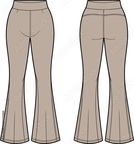 pants, flared, trousers, womenswear, fashion, clothing, apparel, garment, fitted, waist, leg, hem, seam, dart, stylish, classic, front, back, vector, illustration