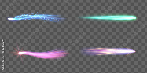 Four glowing energy trails blue green pink and white on transparent background