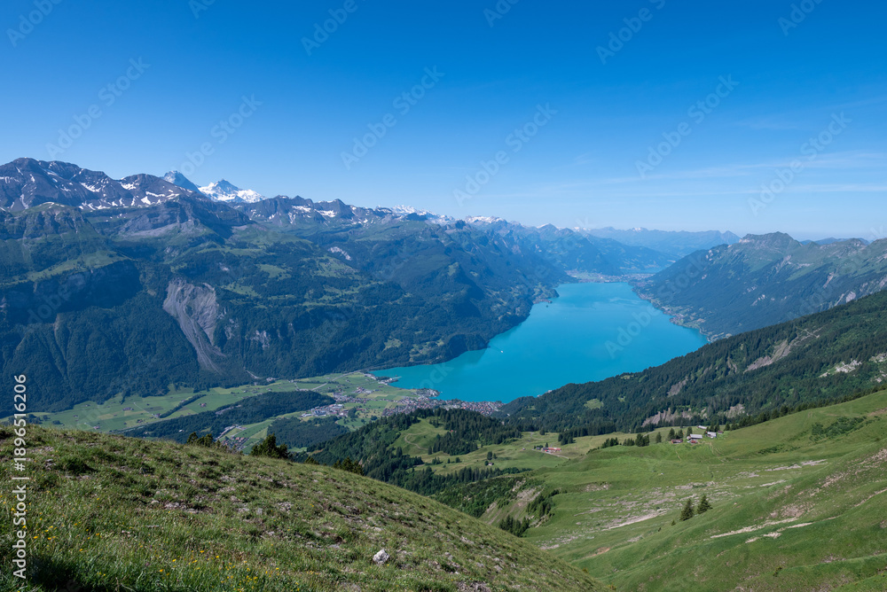 Obraz premium Aerial view of Lake Brienz (Brienzersee) from a summer hiking trail in Switzerland, showcasing turquoise water, lush greenery, and surrounding alpine mountains.