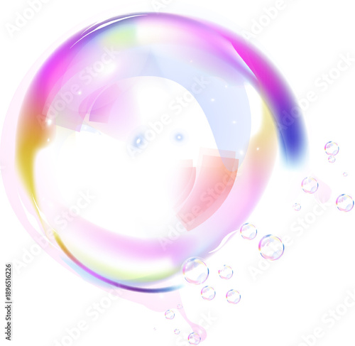 Iridescent soap bubble with swirling colors and smaller bubbles floating nearby