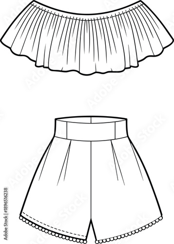Off shoulder top and high waist shorts technical sketch, summer fashion flat drawing, women's clothing design template, vector illustration