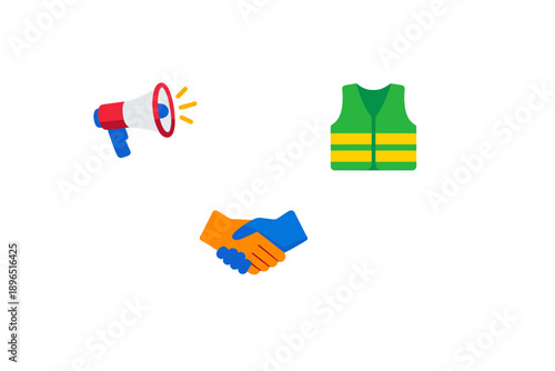 Collaboration event in community with megaphone and handshake symbols taking place in a public space during the daytime