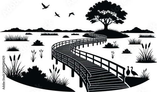 Nature landscape silhouette illustration, wooden bridge over wetland, birds flying, tree island scenery, peaceful outdoor environment, black vector design