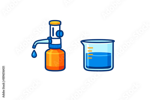 Chemical reaction occurs between liquid in spray bottle and solution in beaker during science experiment in a classroom setting at midday