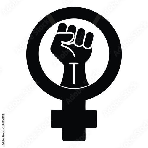 Black vector female gender symbol with raised fist, feminism and women's rights icon, isolated on white