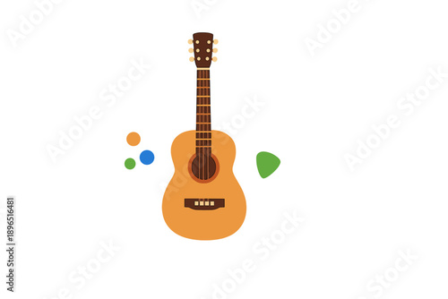 Guitar placed on a plain background with colorful shapes surrounding it