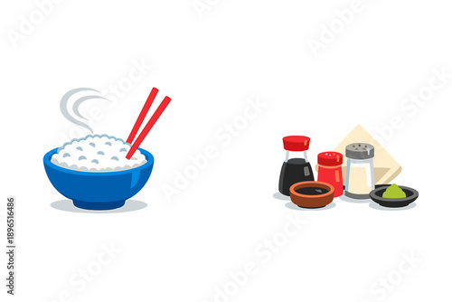 Bowl of rice with chopsticks next to various sauces and spices on a table during meal preparation
