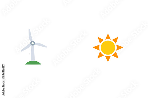 Wind turbine and sun symbols represent renewable energy sources in a graphic design focused on sustainability and environmental awareness in modern contexts