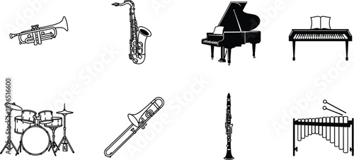 vMusical instrument vector set, trumpet, saxophone, piano, keyboard, drum set, trombone, clarinet, xylophone, music icons, education art