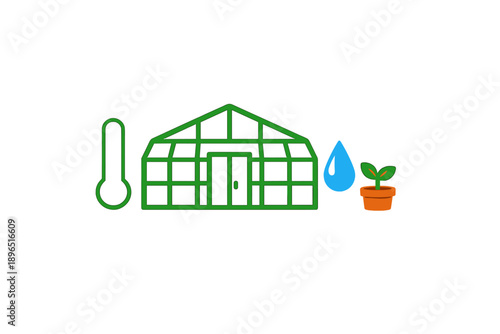 Greenhouse with plant, thermometer, and water droplet located in a garden setting during day time