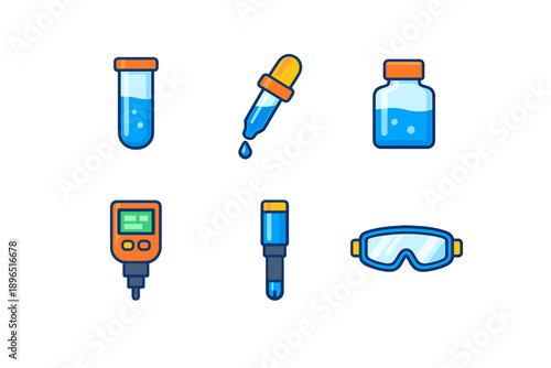 Laboratory equipment is displayed with various tools for experiments including test tubes, droppers, and goggles in a clean setting focused on science activities