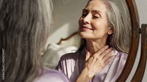Mature woman face reflection in mirror natural skincare routine