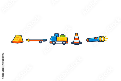 Different kinds of tools and items used for construction and safety during work activities in urban areas at any time of day