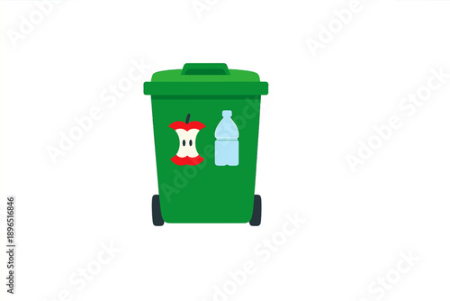 Green trash bin with apple core and plastic bottle symbols in a simple design located on a plain background