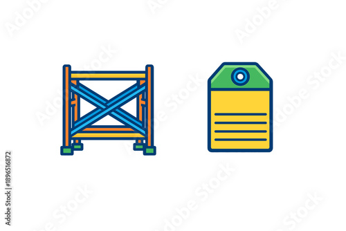 Construction equipment is placed next to a label for identification at a job site in the city during daylight hours