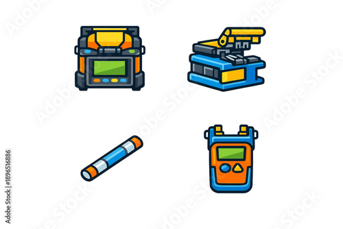 Tools for construction work shown in a digital design layout with various shapes and colors in an organized manner