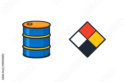 This design shows a blue barrel with an orange top next to a colorful hazard symbol used for safety in industrial settings