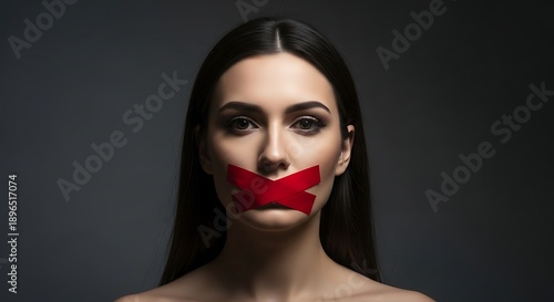 Woman mouth covered red tape silent victim social issues concept