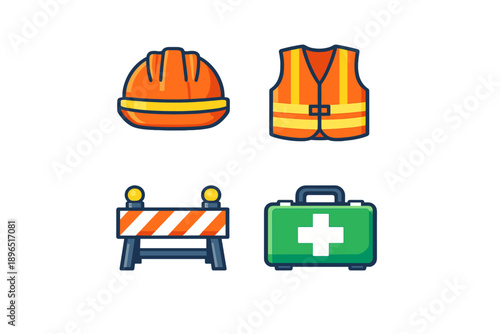 Icons of construction safety gear including a hard hat, safety vest, barrier, and first aid kit in bright colors